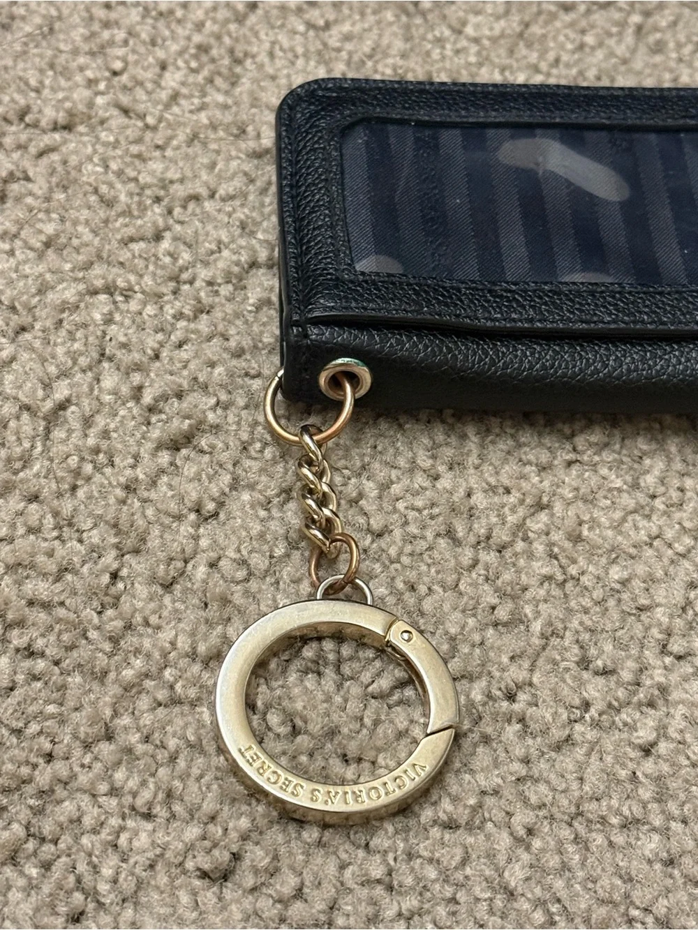 Victoria's Secret Black Leather Card Holder Key Ring with Gold Accents